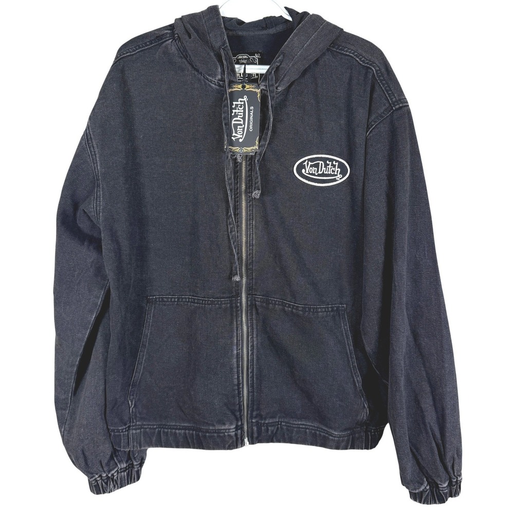Von Dutch Denim Hooded Jacket Mens XL Black Washed Patch Logo Full Zip NEW